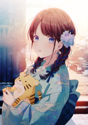 Rule 34 | 1girl, :o, animal, blue eyes, blue flower, blue kimono, blurry, blurry background, blush, braid, braided ponytail, brown hair, earrings, floral print, flower, hair flower, hair ornament, hair ribbon, hanako151, highres, holding, holding animal, japanese clothes, jewelry, kanzashi, kimono, long hair, looking at viewer, new year, obi, original, parted lips, ribbon, sash, solo, tiger, twintails