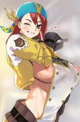Rule 34 | 1girl, areola slip, bandana, blue bandana, blue eyes, blush, braid, breasts, cleavage, gachou, gloves, goggles, goggles around neck, jacket, large areolae, large breasts, long hair, looking at viewer, minayle (monster hunter), monster hunter (series), monster hunter rise, one eye closed, open mouth, red hair, side braid, smile, solo, sweat, yellow jacket