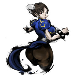 Rule 34 | 1girl, ass, bracelet, brown eyes, brown hair, bun cover, capcom, china dress, chinese clothes, chun-li, double bun, dress, earrings, eyeshadow, from behind, huge ass, ink, jacky (artist), jewelry, makeup, marvel vs. capcom, marvel vs. capcom 3, pantyhose, parody, pelvic curtain, sash, short hair, solo, spiked bracelet, spikes, street fighter, street fighter iv (series), style parody, thighs