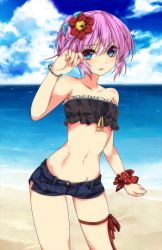 Rule 34 | 10s, 1girl, alternate costume, bad id, bad pixiv id, bare arms, bare shoulders, beach, bikini, black bikini, blue eyes, blush, cloud, collarbone, commentary request, contrapposto, cowboy shot, day, flower, hair between eyes, hair flower, hair ornament, hikobae, horizon, kantai collection, legs apart, looking at viewer, navel, ocean, open mouth, outdoors, pink hair, ponytail, scrunchie, shiranui (kancolle), short hair, short shorts, shorts, solo, standing, stomach, swimsuit, water, wristband