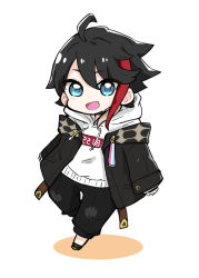 Rule 34 | 1boy, :d, ahoge, black choker, black footwear, black hair, black jacket, black pants, blue eyes, chibi, choker, colored shadow, commentary, drawstring, full body, hair between eyes, hood, hood down, hoodie, jacket, long sleeves, looking at viewer, male focus, multicolored hair, nijisanji, nozo (hitomiz), off shoulder, open clothes, open jacket, open mouth, pants, red hair, saegusa akina, shadow, shoes, sleeves past wrists, smile, solo, standing, standing on one leg, streaked hair, symbol-only commentary, virtual youtuber, white background, white hoodie