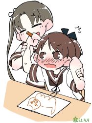 Rule 34 | 2girls, ayanami (kancolle), brown hair, brown sailor collar, cat, child&#039;s drawing, closed eyes, commentary request, kantai collection, long hair, multiple girls, paper, pencil, ponytail, restrained, sailor collar, sailor shirt, school uniform, serafuku, shikinami (kancolle), shirt, short hair, simple background, smile, tsubutarou, upper body, white background, white shirt