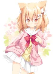 Rule 34 | 1girl, animal ear fluff, animal ears, bad id, bad pixiv id, blonde hair, blush, bow, brown eyes, closed mouth, commentary request, hair between eyes, hair bow, highres, jacket, long sleeves, looking at viewer, miike-chan, nakkar, open clothes, open jacket, original, pink jacket, pleated skirt, red bow, sailor collar, school uniform, serafuku, shirt, skirt, sleeves past wrists, smile, solo, two side up, white bow, white sailor collar, white skirt, yellow shirt