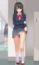 Rule 34 | 2girls, black hair, black jacket, blazer, blue eyes, blurry, blurry background, blush, bow, bowtie, buttons, clothes lift, collared shirt, day, eto, full body, grey skirt, groin, hallway, highres, holding own arm, indoors, jacket, kneehighs, lifted by self, long sleeves, looking at viewer, looking to the side, miniskirt, multiple girls, original, panties, pleated skirt, school uniform, shirt, shoes, skirt, skirt lift, socks, solo focus, standing, striped bow, striped bowtie, striped clothes, striped neckwear, sweater vest, two side up, underwear, uwabaki, white panties, white shirt, white socks, window, wing collar
