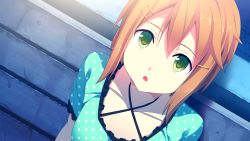 Rule 34 | 1girl, bench, breasts, brown hair, close-up, collarbone, donuthouse, dress, game cg, green eyes, hair ornament, hairclip, looking at viewer, mayachi (amuriya), night, short hair, sitting, small breasts, solo, staring, valkyrie runabout!