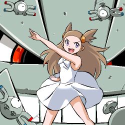 Rule 34 | 1girl, alternate eye color, arm up, bare shoulders, beads, black eyes, bow, breasts, brown hair, clenched hand, creatures (company), dress, female focus, floating, forehead, game freak, gen 1 pokemon, gen 2 pokemon, gomatarou (pixiv196136), grey background, hair beads, hair ornament, happy, jaggy lines, jasmine (pokemon), legs, legs apart, long hair, looking at viewer, looking to the side, lowres, magnemite, magnet, nintendo, oekaki, one-eyed, open mouth, outstretched arm, pokemon, pokemon gsc, purple eyes, red eyes, screw, see-through, see-through dress, see-through silhouette, short dress, sleeveless, sleeveless dress, small breasts, smile, solo focus, standing, steelix, teeth, two side up, v-shaped eyebrows, white bow, white dress