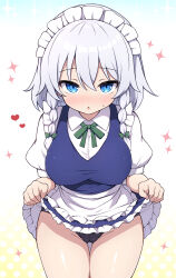 Rule 34 | 1girl, :o, blue eyes, blue skirt, blush, braid, breasts, clothes lift, commentary request, grey hair, highres, izayoi sakuya, large breasts, lifting own clothes, looking at viewer, maid, maid headdress, rizento, skirt, skirt lift, solo, thighs, touhou, twin braids