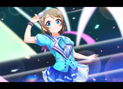 Rule 34 | 10s, 1girl, blue eyes, blush, brown hair, letterboxed, looking at viewer, love live!, love live! school idol festival, love live! sunshine!!, marshall (wahooo), parted lips, short hair, smile, solo, teeth, watanabe you