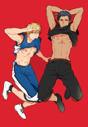 Rule 34 | 2boys, ;), aomine daiki, arms behind head, bandaid, bandaids on nipples, basketball uniform, blonde hair, blue hair, closed mouth, dark skin, dark-skinned male, full body, k29, kise ryouta, kuroko no basuke, looking at viewer, male focus, mouth hold, multiple boys, one eye closed, pasties, red background, shoes, simple background, sleeveless, smile, sneakers, sportswear, toned, toned male, v