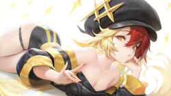 Rule 34 | + +, 1girl, absurdres, agoto, alchemy stars, bare shoulders, black hat, blonde hair, breasts, cleavage, fox shadow puppet, gronru (alchemy stars), hair between eyes, hat, head rest, highres, long hair, looking at viewer, lying, multicolored hair, on stomach, parted lips, raised eyebrows, red hair, simple background, skindentation, small breasts, solo, symbol-shaped pupils, thigh strap, twintails, very long hair, white background
