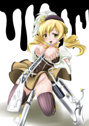 Rule 34 | 10s, 1girl, between breasts, blonde hair, breasts, drill hair, gun, hair ornament, kurogane (majesticrune), magical musket, mahou shoujo madoka magica, mahou shoujo madoka magica (anime), nipples, no panties, open mouth, paizuri, rifle, smile, solo, thighhighs, tomoe mami, twin drills, twintails, weapon, yellow eyes