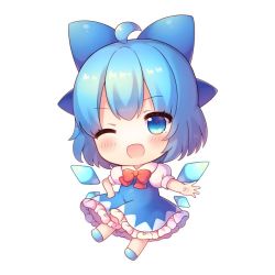 Rule 34 | 1girl, blue bow, blue dress, blue eyes, blue footwear, blue hair, blush, bow, bowtie, chibi, cirno, coa (chroo x), collar, collared shirt, dress, hair between eyes, hand on own hip, hand up, ice, ice wings, looking to the side, one eye closed, open mouth, puffy short sleeves, puffy sleeves, red bow, red bowtie, shirt, shoes, short hair, short sleeves, simple background, smile, solo, touhou, white background, white shirt, wings