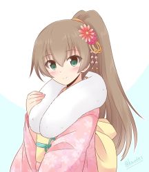 Rule 34 | 1girl, brown hair, commentary request, flower, fur-trimmed kimono, fur trim, green eyes, hair flower, hair ornament, highres, japanese clothes, kantai collection, kimono, kumano (kancolle), long hair, looking at viewer, one-hour drawing challenge, pink kimono, ponytail, shizuna kaede, smile, solo, translation request, two-tone background, upper body