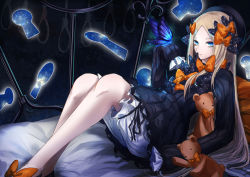 Rule 34 | 1girl, abigail williams (fate), bed, black dress, black headwear, blonde hair, bloomers, blue butterfly, blue eyes, bow, bug, butterfly, commentary request, dress, expressionless, fate/grand order, fate (series), forehead, hair bow, ichinose rom, insect, keyhole, long hair, long sleeves, looking at viewer, multiple hair bows, orange bow, platinum blonde hair, polka dot, polka dot bow, rope, sleeves past wrists, solo, space, stuffed animal, stuffed toy, teddy bear, underwear