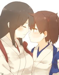 Rule 34 | 10s, 2girls, akagi (kancolle), artist name, black hair, blush, breasts, brown eyes, brown hair, closed mouth, commentary request, closed eyes, hair between eyes, hair tie, ina (1813576), japanese clothes, kaga (kancolle), kantai collection, kimono, long hair, multiple girls, side ponytail, simple background, straight hair, tasuki, upper body, white background, white kimono