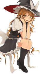 Rule 34 | 1girl, black footwear, black hat, black nails, black skirt, black socks, black vest, blonde hair, bow, braid, buttons, fang, frilled skirt, frills, from side, green eyes, hair bow, hands on own face, hat, hat bow, highres, holding head, kirisame marisa, long hair, looking at viewer, nail polish, necro (nekurodayo), open mouth, petticoat, shirt, short sleeves, side braid, simple background, single braid, sitting, skirt, socks, solo, touhou, vest, white background, white bow, white shirt, witch hat