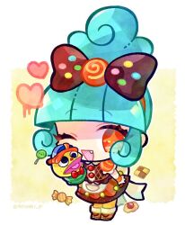 Rule 34 | 1girl, blue hair, blunt bangs, border, bow, brown bow, brown dress, candy, checkerboard cookie, chibi, cookie, diamond-shaped pupils, diamond (shape), doradorakingyo, dress, eyelashes, food, hand puppet, heart, lollipop, looking at viewer, puffy short sleeves, puffy sleeves, puppet, puyopuyo, puyopuyo quest, red bow, red eyes, sesily (puyopuyo), short sleeves, solo, swirl lollipop, symbol-shaped pupils, white border, wrapped candy