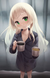 Rule 34 | 1girl, alternate costume, black shirt, blonde hair, blush, breasts, cleavage, coffee cup, creatures (company), cup, disposable cup, game freak, green eyes, holding, holding cup, lillie (pokemon), long hair, looking at viewer, nintendo, oren (770len), pokemon, pokemon sm, shirt, small breasts, smile, solo