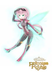 Rule 34 | 1girl, bad id, bad pixiv id, bodysuit, copyright name, fairy, green eyes, heart, highres, navel, nightmare cat, open mouth, peter pan (disney), pink hair, pointy ears, princess royale, solo, visor, white background, wings