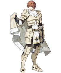 Rule 34 | 1boy, 88 taho, armor, armored boots, boots, brown eyes, cape, conrad (fire emblem), fire emblem, fire emblem echoes: shadows of valentia, fire emblem heroes, full body, fur trim, gloves, highres, male focus, nintendo, official art, orange hair, scarf, solo, transparent background, weapon, white armor