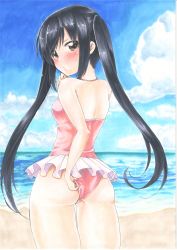 Rule 34 | 1girl, absurdres, adjusting clothes, adjusting swimsuit, ass, bad anatomy, beach, black hair, brown eyes, casual one-piece swimsuit, day, from behind, highres, horizon, k-on!, long hair, looking at viewer, looking back, marker (medium), nakano azusa, ocean, one-piece swimsuit, outdoors, pink one-piece swimsuit, solo, swimsuit, thigh gap, traditional media, twintails, yuuki chima