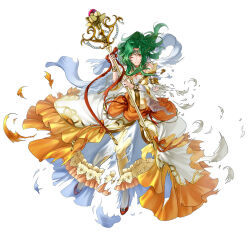 Rule 34 | 1girl, alternate costume, breasts, clenched teeth, damaged, dress, elincia ridell crimea, female focus, fire emblem, fire emblem: radiant dawn, fire emblem heroes, frilled dress, frilled sleeves, frills, green eyes, green hair, hair bun, high heels, holding, holding staff, juliet sleeves, long sleeves, medium breasts, nintendo, official alternate costume, official art, one eye closed, puffy sleeves, red footwear, solo, staff, teeth, torn clothes, torn dress, white background, wince, yellow dress