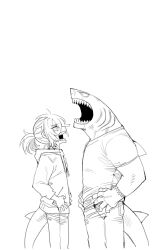 Rule 34 | 1boy, 1girl, aged up, brother and sister, fins, fish tail, from side, furry, furry male, greyscale, hands on own hips, highres, hood, hood down, hoodie, looking at another, monochrome, open mouth, original, pants, ratatatat74, shark boy, shark girl, shark tail, sharp teeth, shirt, short sleeves, siblings, tail, teeth