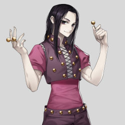 Rule 34 | 1boy, androgynous, black eyes, black hair, candy, closed mouth, commentary request, crop top, food, grey background, hands up, highres, himmel (allsky83), holding, holding candy, holding food, holding lollipop, hunter x hunter, illumi zoldyck, lollipop, long hair, looking at viewer, male focus, pale skin, parted bangs, pink shirt, puffy short sleeves, puffy sleeves, shirt, short sleeves, simple background, smile, solo, upper body