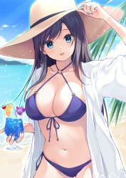 Rule 34 | 1girl, :d, beach, bikini, black hair, blue eyes, blue sky, breasts, cherry, cleavage, collarbone, cowboy shot, cup, day, drink, drinking straw, food, fruit, hand on headwear, hat, highres, holding, holding cup, horns, large breasts, looking at viewer, nail polish, navel, ocean, open mouth, orange (fruit), orange slice, original, outdoors, palm tree, pasdar, purple bikini, shirt, sidelocks, sky, smile, solo, standing, summer, sun hat, swimsuit, tree, white shirt