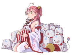 Rule 34 | 35p (sakura miko), ahoge, bell, breasts, bubble tea, bubble tea challenge, cat, cherry blossom print, detached sleeves, drinking straw, floral print, food, green eyes, hair bell, hair ornament, hairclip, hololive, pink hair, popcorn, sakura miko, sakura miko (1st costume), sideboob, single thighhigh, thighhighs, tmo-cat, transparent background, virtual youtuber, white legwear, x hair ornament