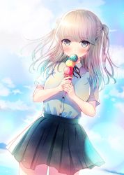 Rule 34 | 1girl, bloom, character request, collared shirt, commentary request, day, dress shirt, food, grey eyes, high-waist skirt, highres, holding, ice cream, ice cream cone, long hair, looking at viewer, minamihama yoriko, niko (brand), official art, outdoors, pleated skirt, school uniform, shirt, shirt tug, short sleeves, skirt, solo, swallowtail, white shirt, wing collar