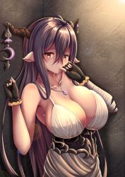Rule 34 | 10s, 1girl, bare shoulders, black hair, blush, breasts, cleavage, danua, draph, granblue fantasy, horn ornament, horns, large breasts, long hair, looking at viewer, pointy ears, red eyes, solo, standing, upper body, zukky