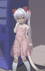 Rule 34 | 1girl, absurdres, bad id, bad twitter id, blue eyes, blush, bow, breasts, cleft of venus, collarbone, fang, furry, furry female, gomchiman, green eyes, hair bow, hand to own mouth, heterochromia, highres, nightgown, nipples, open mouth, original, pink bow, pussy, see-through, small breasts, socks, solo, tiger girl, twintails, white hair