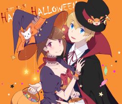 Rule 34 | 1boy, 1girl, blonde hair, blue eyes, bow, bow earrings, breasts, brown hair, candy, cleavage, closed mouth, dated, digimon, digimon adventure tri., earrings, food-themed hair ornament, hair ornament, hairclip, halloween, hat, jack-o&#039;-lantern, jewelry, looking at viewer, maydream, multicolored nails, nail polish, open mouth, orange background, patamon, pumpkin, short hair, simple background, smile, tailmon, takaishi takeru, top hat, witch hat, wrapped candy, yagami hikari