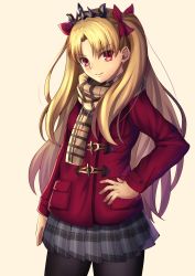 Rule 34 | 1girl, absurdres, black pantyhose, blonde hair, brown background, brown scarf, closed mouth, commentary request, cowboy shot, ereshkigal (fate), fate/grand order, fate (series), grey skirt, hair ribbon, hand on own hip, head tilt, highres, jacket, long hair, long sleeves, mishiro (ixtlolton), pantyhose, parted bangs, plaid, plaid scarf, plaid skirt, pleated skirt, red eyes, red jacket, red ribbon, ribbon, scarf, simple background, skirt, smile, solo, tiara, two side up, very long hair