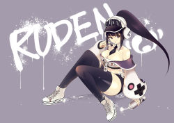 Rule 34 | 1girl, aa2233a, bare shoulders, baseball cap, black hair, black necktie, black thighhighs, blunt bangs, borrowed character, breasts, brown eyes, cleavage, converse, dated, detached collar, full body, grey background, hat, headphones, highres, lanmei, large breasts, long hair, long sleeves, midriff, navel, necktie, original, shoes, short shorts, shorts, sidelocks, signature, sitting, sneakers, solo, spray can, spray paint, thighhighs, white footwear, white hat, zipper pull tab