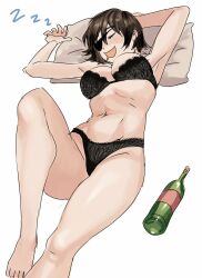 Rule 34 | 1girl, absurdres, black bra, black hair, black panties, bottle, bra, breasts, chainsaw man, closed eyes, drunk, eyepatch, hanny (uirusu chan), highres, himeno (chainsaw man), large breasts, navel, open mouth, panties, pillow, short hair, sleeping, solo, spoken zzz, thighs, underwear, underwear only, white background, wine bottle, zzz