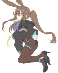 Rule 34 | 1girl, alternate costume, amiya (arknights), animal ears, ankle strap, arknights, ascot, black footwear, black jacket, black leotard, black pantyhose, blue ascot, blush, brown hair, commentary, extra ears, from behind, full body, hair between eyes, high heels, highleg, highleg leotard, jacket, jewelry, leotard, long hair, long sleeves, looking at viewer, looking back, open clothes, open jacket, pantyhose, playboy bunny, ponytail, rabbit ears, rabbit girl, rabbit tail, ring, satou kibi, sidelocks, simple background, solo, sweatdrop, tail, very long hair, white background