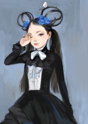 Rule 34 | 1girl, absurdres, arm up, bird, black hair, black nails, blue flower, blue rose, bow, dress, expressionless, flower, frills, hair ornament, highres, horns, junjunforever, lips, long hair, looking at viewer, multicolored eyes, nail polish, one eye closed, original, parted bangs, pink eyes, rose, rubbing eyes, spikes, twintails