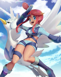 Rule 34 | 1girl, arm up, black eyes, blue eyes, blue flower, blue footwear, blue gloves, blue shirt, blue shorts, blue sky, blush, boots, breasts, cloud, creatures (company), crop top, dark-skinned female, dark skin, day, dutch angle, female focus, flower, flying, game freak, gen 5 pokemon, gloves, gonzarez, groin, gym leader, hair flower, hair ornament, highres, knee boots, light blush, long hair, long sleeves, looking at viewer, looking up, medium breasts, midriff, navel, nintendo, open mouth, outdoors, outstretched arm, pokemon, pokemon (creature), pokemon bw, red hair, shiny clothes, shiny skin, shirt, short shorts, shorts, sky, skyla (pokemon), smile, standing, sunlight, swanna, teeth, thigh strap, topknot