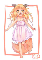Rule 34 | 1girl, :d, animal ears, bare shoulders, bbb577, blonde hair, dated, dragon girl, dragon horns, dress, eyebrows, happy, highres, horns, long hair, looking at viewer, open mouth, original, pointy ears, running, signature, sketch, smile, solo, sundress, tail, teeth, white dress, yellow eyes