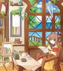 Rule 34 | 1girl, :o, armchair, black shorts, blue eyes, blue sky, book, bookshelf, brown hair, brown ribbon, chair, cloud, cloudy sky, commentary request, cup, day, easel, hair ribbon, holding, holding book, indoors, long hair, long sleeves, looking at viewer, lucena winter, ocean, open book, original, painting (object), parted lips, plant, potted plant, railing, red skirt, ribbon, saucer, shelf, shirt, shorts, shorts under skirt, side ponytail, sitting, skirt, sky, solo, table, teacup, teapot, window, yellow shirt, yuuhagi (amaretto-no-natsu)