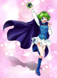 Rule 34 | 1girl, blouse, blue eyes, boots, box, breasts, cloak, fire emblem, fire emblem: the blazing blade, gift, gift box, green hair, hairband, highres, leg up, long sleeves, looking at viewer, miniskirt, nino (fire emblem), nintendo, one eye closed, open mouth, outstretched arm, pink background, shirt, short hair, skirt, smile, solo, vest, yuino (fancy party)
