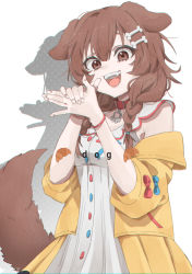 Rule 34 | 1girl, animal ears, bone hair ornament, braid, breasts, brown hair, collar, commentary, cowboy shot, croissant, dog ears, dog girl, dog tail, dress, english text, fang, food, hair between eyes, hair ornament, highres, hololive, inugami korone, inugami korone (1st costume), jacket, looking at viewer, medium breasts, medium hair, open clothes, open jacket, open mouth, own hands together, pochimoto, red collar, red eyes, shadow, shadow puppet, side braids, simple background, smile, solo, tail, teeth, twin braids, virtual youtuber, white background, white dress, wristband, yellow jacket