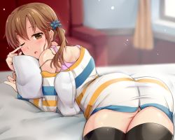 Rule 34 | 1girl, ass, bed, bedroom, blush, brown eyes, brown hair, couch, curtains, hair ornament, idolmaster, idolmaster cinderella girls, karikura (atatata71), looking at viewer, looking back, one eye closed, open mouth, pillow, sleepy, solo, sunlight, thighhighs, thighs, totoki airi, twintails, window