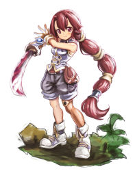 Rule 34 | 1girl, abe kanari, black shorts, closed mouth, dark chronicle, full body, gloves, highres, holding, holding sword, holding weapon, long hair, looking at viewer, monica (dark chronicle), multi-tied hair, ponytail, red eyes, red hair, shirt, shoes, shorts, simple background, sleeveless, sleeveless shirt, smile, solo, standing, sword, weapon, white background