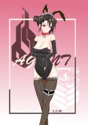 Rule 34 | 1girl, absurdres, agent (girls&#039; frontline), animal ears, arm support, artist name, bare shoulders, black gloves, black hair, bow, bowtie, breasts, character name, cleavage, closed mouth, collarbone, double bun, elbow gloves, fake animal ears, fishnet legwear, fishnets, girls&#039; frontline, gloves, hair bun, highres, large breasts, leotard, looking at viewer, maid headdress, medium hair, playboy bunny, red bow, red eyes, simple background, solo, standing, xue shiming