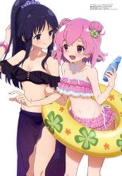 Rule 34 | 2girls, :d, absurdres, assault lily, bikini, black bikini, black hair, black sarong, bottle, breasts, cleavage, closed mouth, collarbone, cowboy shot, double bun, drink, feet out of frame, flat chest, floral print, flower, frilled bikini, frills, hair bun, hair flower, hair ornament, hair scrunchie, hand in own hair, highres, hitotsuyanagi riri, holding, holding bottle, holding drink, innertube, megami magazine, multiple girls, navel, official art, open mouth, pink bikini, pink eyes, pink hair, plaid, plaid bikini, pointing, ponytail, purple eyes, ramune, sarong, scrunchie, see-through, shirai yuyu, simple background, small breasts, smile, standing, swim ring, swimsuit, umeshita manami, wet, white background, wristband