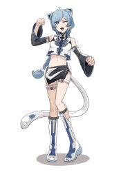 Rule 34 | 1girl, :3, animal ear headphones, animal ears, black skirt, blue eyes, blue hair, blush, cat ear headphones, cat tail, commentary, crop top, detached sleeves, fake animal ears, fake tail, fangs, full body, genderswap, genderswap (mtf), headphones, highres, kaito (vocaloid), light blue hair, long hair, looking at viewer, midriff, miniskirt, navel, neko cyber (module), one eye closed, open mouth, paw pose, platform footwear, ponytail, shirt, simple background, skirt, solo, solo focus, soup dumplin, swept bangs, tail, vocaloid, white background, white shirt