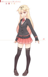 Rule 34 | 10s, 1girl, alternate costume, anchor symbol, black ribbon, black thighhighs, blonde hair, blush, bow, bowtie, cardigan, dan (kumadan), full body, hair flaps, hair ornament, hair ribbon, hairclip, highres, kantai collection, loafers, long hair, looking at viewer, open mouth, pleated skirt, red eyes, ribbon, school uniform, shoes, skirt, smile, solo, thighhighs, yuudachi (kancolle), yuudachi kai ni (kancolle), zettai ryouiki